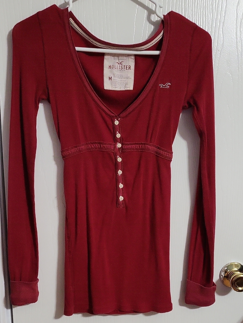 Shirt-Hollister Women's Long Sleeve Henley Dress - Deep Red #3233